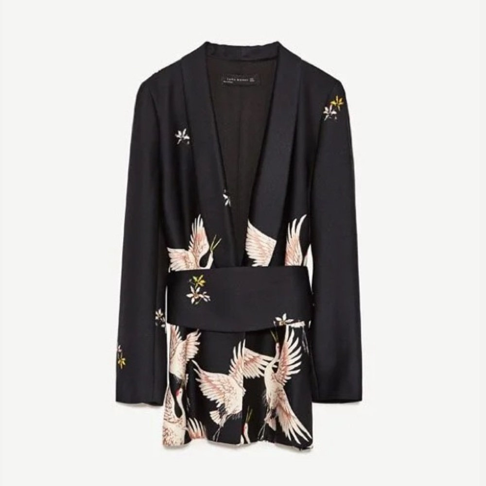 zara crane bird print blazer with sash belt Sz XS - Picture 5 of 16